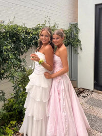 A-Line/Princess Tiered Ruffle Strapless Floor-Length Prom Dresses Ruched Cocktail Dresses Women Formal Gowns