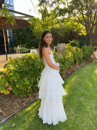 A-Line/Princess Tiered Ruffle Strapless Floor-Length Prom Dresses Ruched Cocktail Dresses Women Formal Gowns