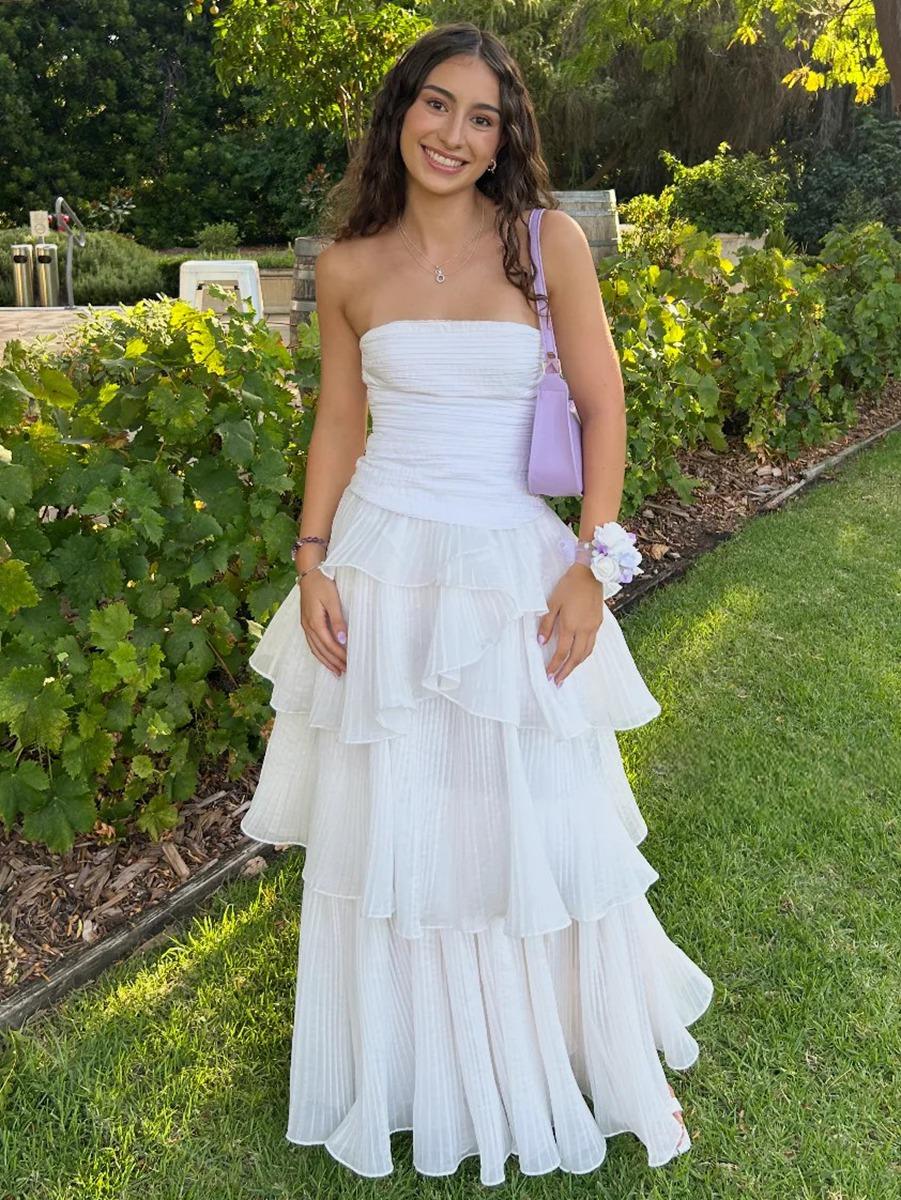 A-Line/Princess Tiered Ruffle Strapless Floor-Length Prom Dresses Ruched Cocktail Dresses Women Formal Gowns