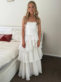 A-Line/Princess Tiered Ruffle Strapless Floor-Length Prom Dresses Ruched Cocktail Dresses Women Formal Gowns