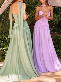 A-Line/Princess Ruched Pleated Chiffon Strapless Floor-Length Wedding Guest Dresses with Scarf