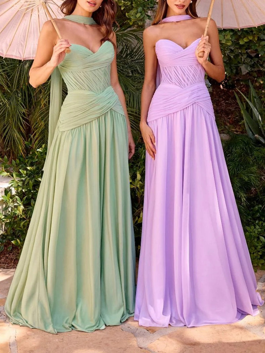 A-Line/Princess Ruched Pleated Chiffon Strapless Floor-Length Wedding Guest Dresses with Scarf