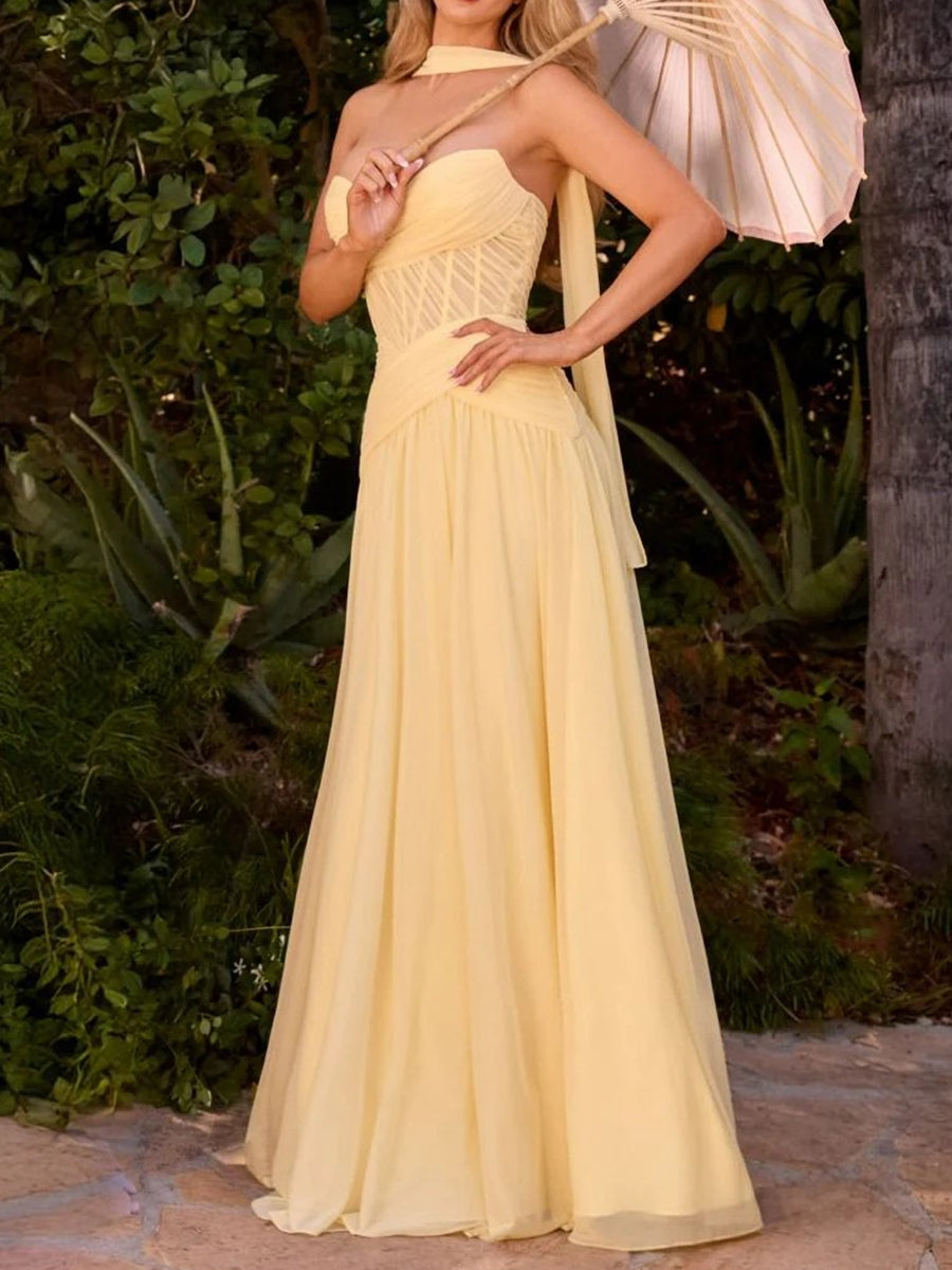 A-Line/Princess Ruched Pleated Chiffon Strapless Floor-Length Wedding Guest Dresses with Scarf