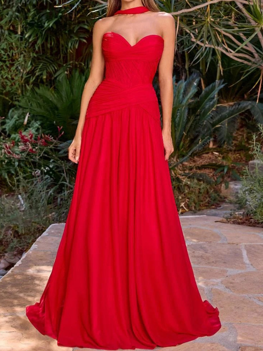 A-Line/Princess Ruched Pleated Chiffon Strapless Floor-Length Wedding Guest Dresses with Scarf