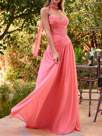 A-Line/Princess Ruched Pleated Chiffon Strapless Floor-Length Wedding Guest Dresses with Scarf