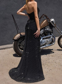Sheath/Column Sequin Ruched Strapless Floor-Length Prom Dresses with Scarf