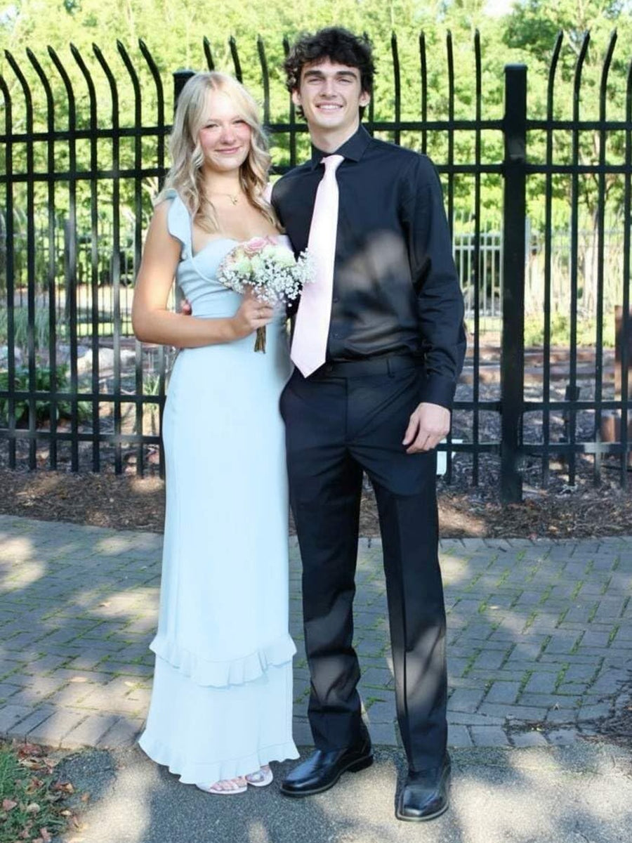 Sheath/Column Satin Sweetheart Ruffle Sleeve Floor-Length Formal Dresses