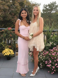 Sheath/Column Satin Sweetheart Ruffle Sleeve Floor-Length Formal Dresses