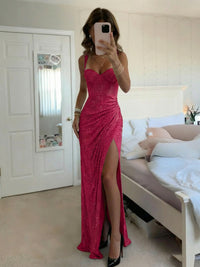 Sheath/Column Spaghetti Strap Sweetheart Beading Floor-Length Prom Dresses with Slit