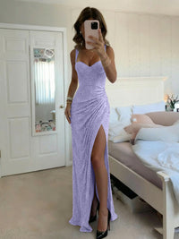 Sheath/Column Spaghetti Strap Sweetheart Beading Floor-Length Prom Dresses with Slit