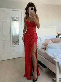 Sheath/Column Spaghetti Strap Sweetheart Beading Floor-Length Prom Dresses with Slit