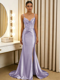 Elegant Sheath/Column V-Neck Spaghetti Strap Satin Floor-Length Prom Dresses with Beading