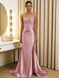 Elegant Sheath/Column V-Neck Spaghetti Strap Satin Floor-Length Prom Dresses with Beading