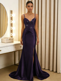 Elegant Sheath/Column V-Neck Spaghetti Strap Satin Floor-Length Prom Dresses with Beading