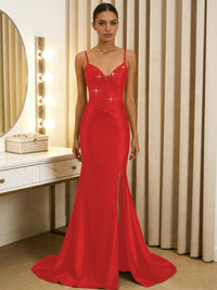 Elegant Sheath/Column V-Neck Spaghetti Strap Satin Floor-Length Prom Dresses with Beading
