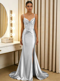 Elegant Sheath/Column V-Neck Spaghetti Strap Satin Floor-Length Prom Dresses with Beading
