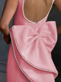 Mermaid/Trumpet Scoop Neck Satin Floor-Length Evening Dresses with Pearl Ruffle Bow