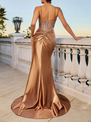 Elegant Sheath/Column V-Neck Spaghetti Strap Satin Floor-Length Prom Dresses with Train