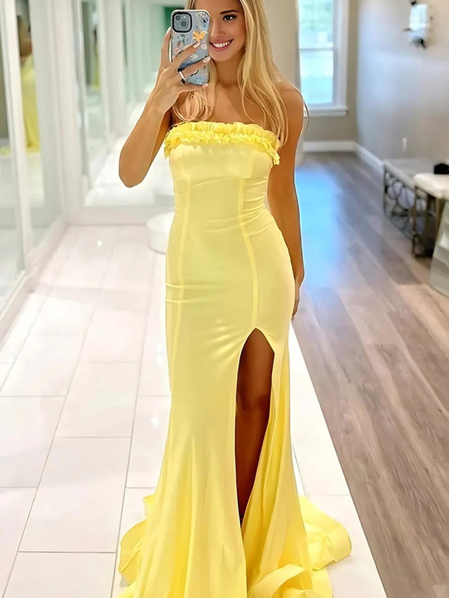Sheath/Column Bodycon Satin Ruffle Floor-Length Prom Dresses