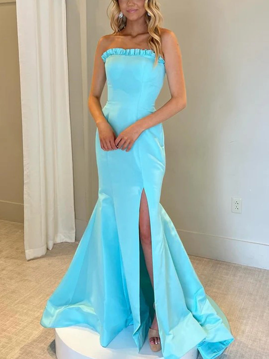 Sheath/Column Bodycon Satin Ruffle Floor-Length Prom Dresses