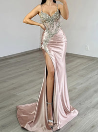 Sheath/Column V-Neck Spaghetti Strap Satin Floor-Length Evening Dresses with Lace Applique