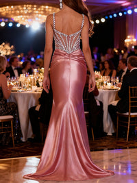 Sheath/Column V-Neck Spaghetti Strap Satin Floor-Length Evening Dresses with Lace Applique