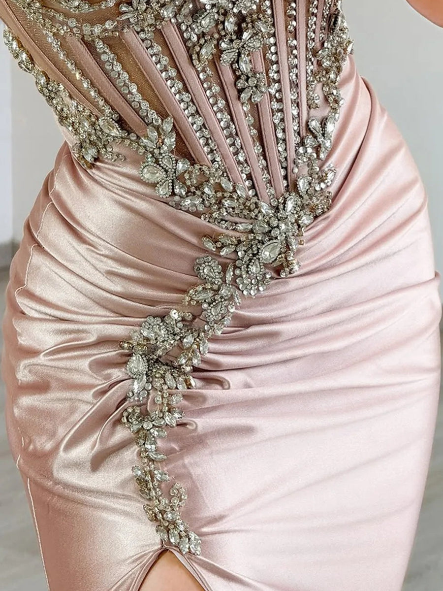 Sheath/Column V-Neck Spaghetti Strap Satin Floor-Length Evening Dresses with Lace Applique