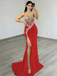 Sheath/Column V-Neck Spaghetti Strap Satin Floor-Length Evening Dresses with Lace Applique