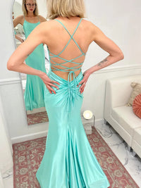 Mermaid/Trumpet Bodycon Halter Scoop Neck Floor-Length Prom Dresses Satin Evening Dresses
