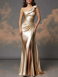 Ruffle One Shoulder Ruched Metallic Long Evening Dresses Sheath/Column Ball Gowns with Train