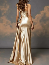 Ruffle One Shoulder Ruched Metallic Long Evening Dresses Sheath/Column Ball Gowns with Train