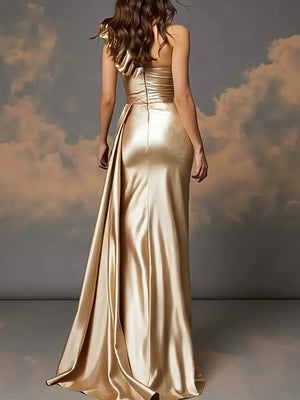 Ruffle One Shoulder Ruched Metallic Long Prom Dresses Sheath/Column Ball Gowns with Train