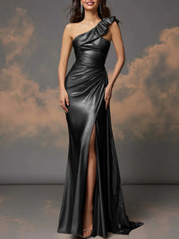 Ruffle One Shoulder Ruched Metallic Long Evening Dresses Sheath/Column Ball Gowns with Train