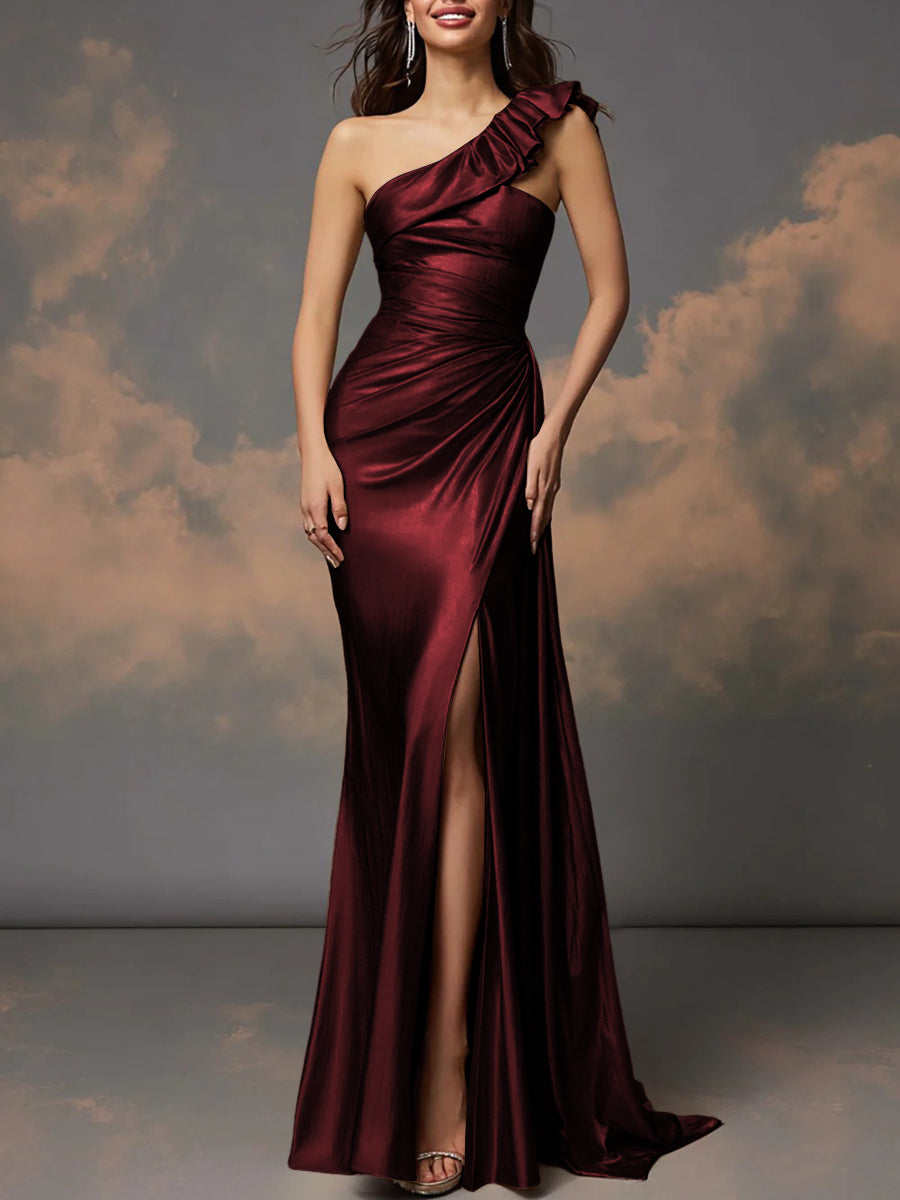 Ruffle One Shoulder Ruched Metallic Long Evening Dresses Sheath/Column Ball Gowns with Train