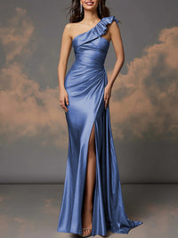 Ruffle One Shoulder Ruched Metallic Long Evening Dresses Sheath/Column Ball Gowns with Train