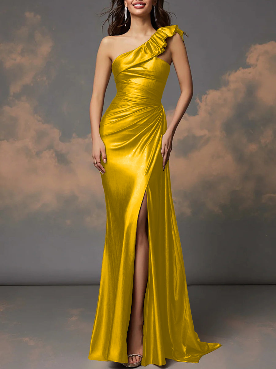 Ruffle One Shoulder Ruched Metallic Long Evening Dresses Sheath/Column Ball Gowns with Train