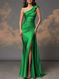 Ruffle One Shoulder Ruched Metallic Long Evening Dresses Sheath/Column Ball Gowns with Train
