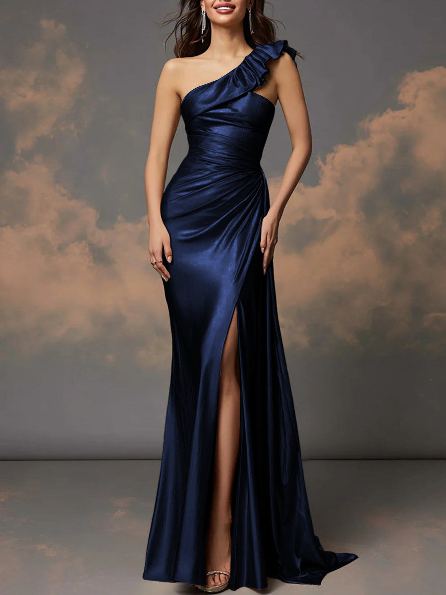 Ruffle One Shoulder Ruched Metallic Long Evening Dresses Sheath/Column Ball Gowns with Train