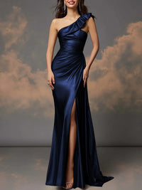 Ruffle One Shoulder Ruched Metallic Long Evening Dresses Sheath/Column Ball Gowns with Train