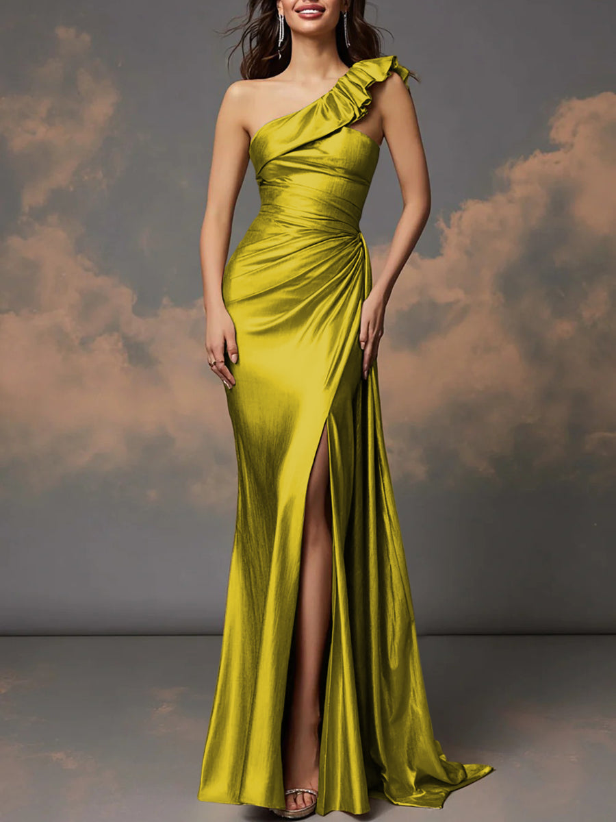 Ruffle One Shoulder Ruched Metallic Long Evening Dresses Sheath/Column Ball Gowns with Train