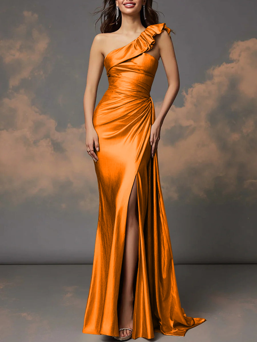 Ruffle One Shoulder Ruched Metallic Long Evening Dresses Sheath/Column Ball Gowns with Train