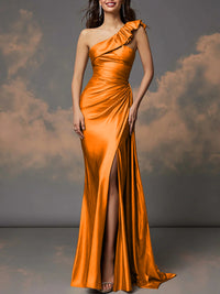 Ruffle One Shoulder Ruched Metallic Long Evening Dresses Sheath/Column Ball Gowns with Train