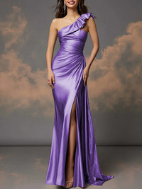 Ruffle One Shoulder Ruched Metallic Long Evening Dresses Sheath/Column Ball Gowns with Train