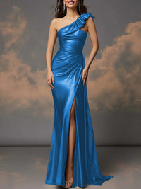 Ruffle One Shoulder Ruched Metallic Long Evening Dresses Sheath/Column Ball Gowns with Train