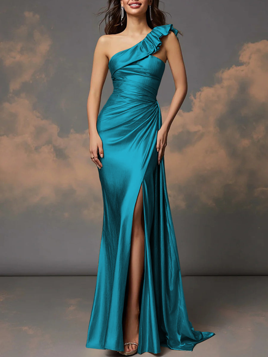Ruffle One Shoulder Ruched Metallic Long Evening Dresses Sheath/Column Ball Gowns with Train