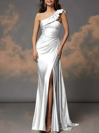 Ruffle One Shoulder Ruched Metallic Long Evening Dresses Sheath/Column Ball Gowns with Train