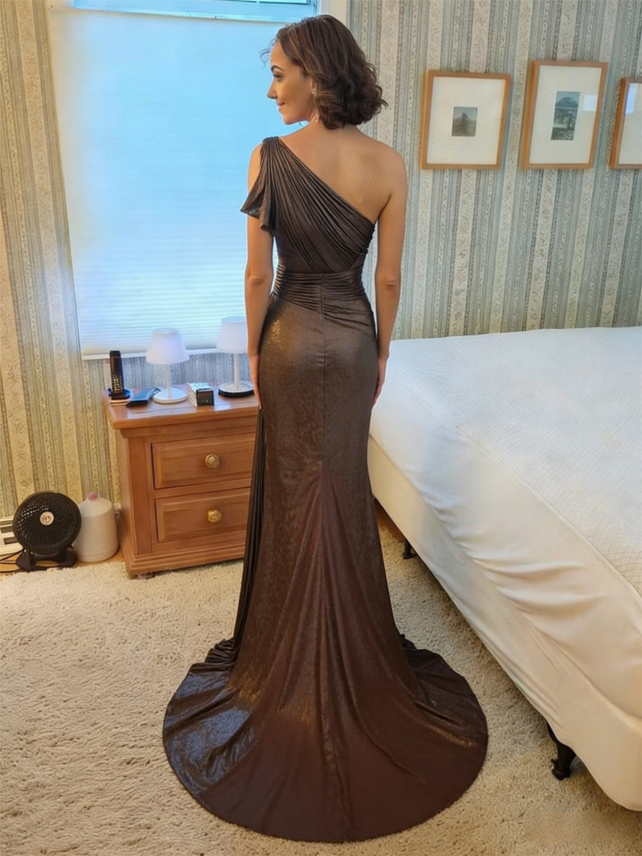 One Shoulder Ruched Metallic A-Line/Princess Long Evening Dresses with Train