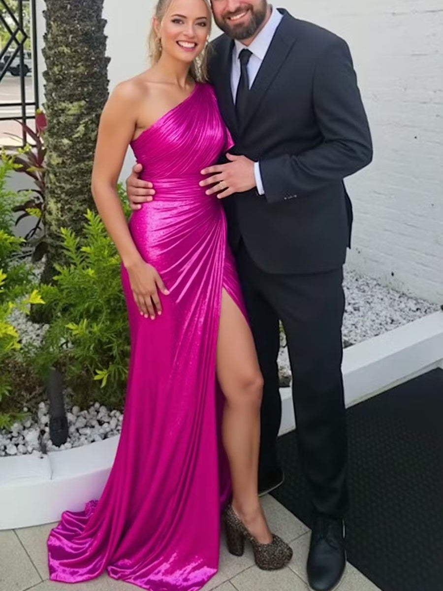 One Shoulder Ruched Metallic A-Line/Princess Long Evening Dresses with Train