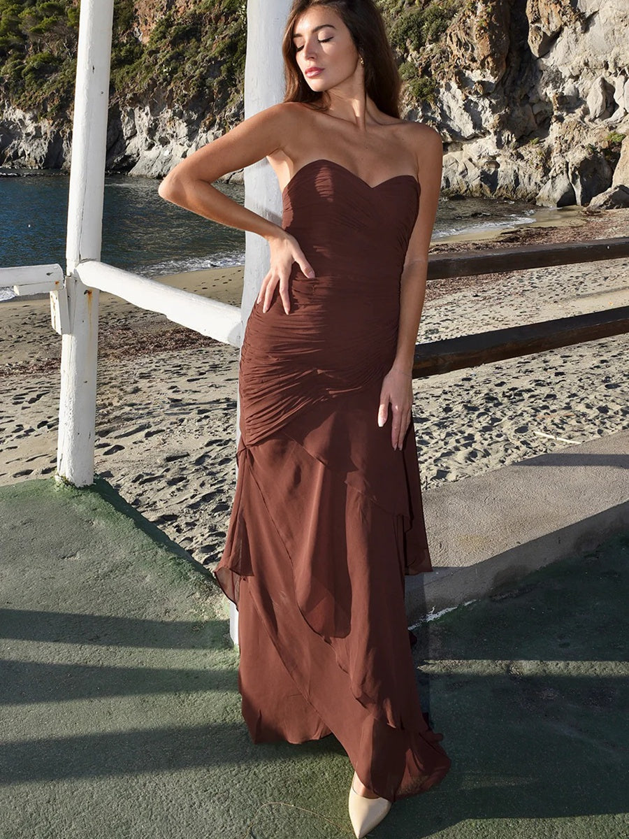 Sweetheart Pleated Chiffon Tiered A-Line/Princess Long Evening Dresses with Drop Waist