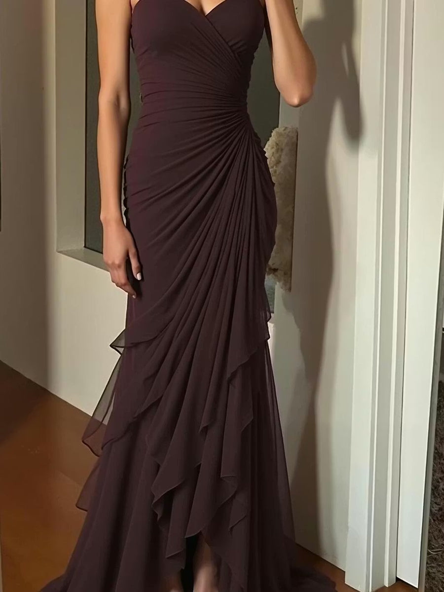 Sweetheart Pleated Chiffon Tiered A-Line/Princess Long Evening Dresses with Drop Waist